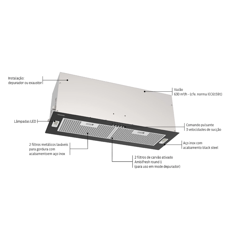Coifa de Embutir Tramontina Incasso em Aço Inox Black Steel Retangular com revestimento anti digitais 75 cm 220 V