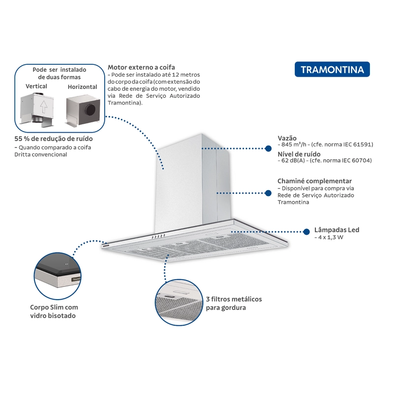 Coifa de Ilha Tramontina Slim Isla 90 Split em Aço Inox com Acabamento Acetinado 90 cm