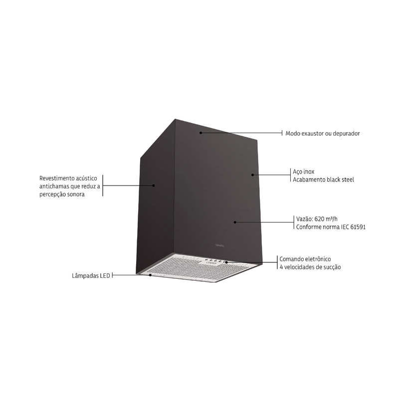 Coifa de Ilha Tramontina Square Isla 40 Silent em Aço Inox Black Steel e tratamento anti digitais 40 cm 220 V