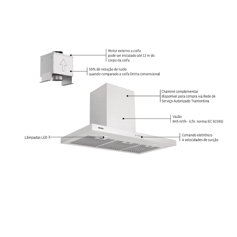 Coifa de parede Tramontina Dritta Wall 90 Split em Aço Inox 90 cm 220 V
