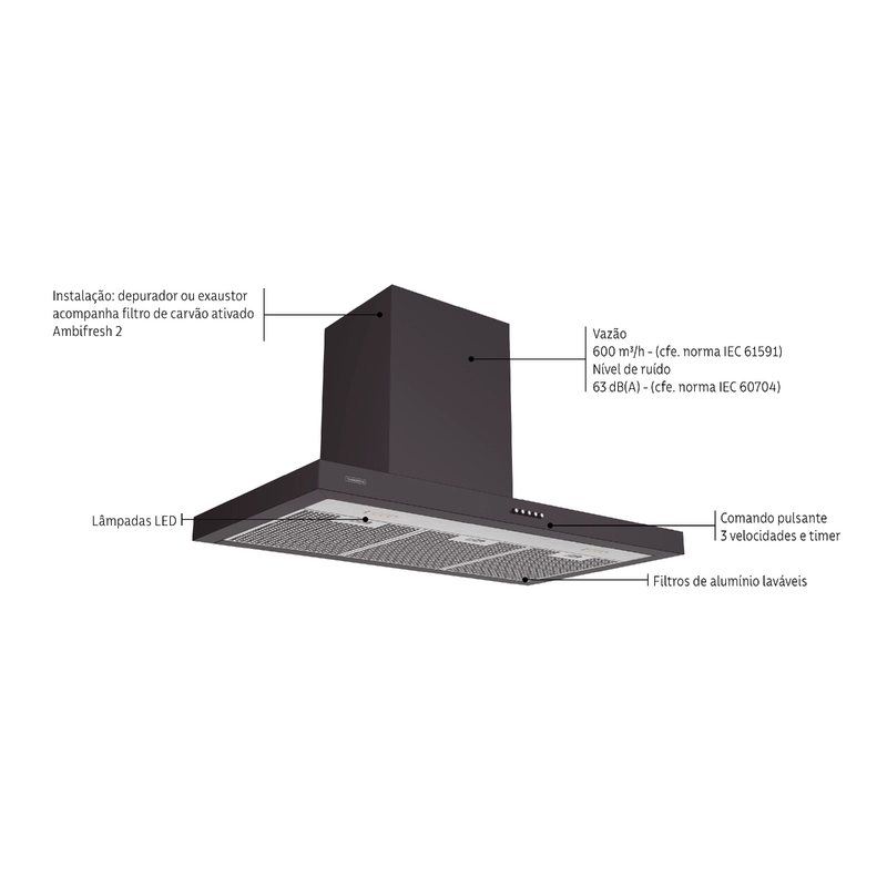 Coifa de Parede Tramontina Dritta Wall Black 90 em Aço Inox com Pintura Automotiva Preta 220 V 90 cm