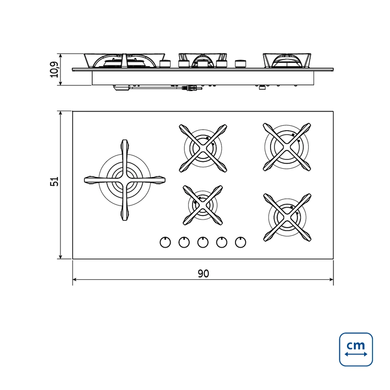 Cooktop a Gás Tramontina Design Collection Penta Glass Flat em Vidro Temperado e Trempes em Ferro Fundido com Acendimento Automático 5 Queimadores