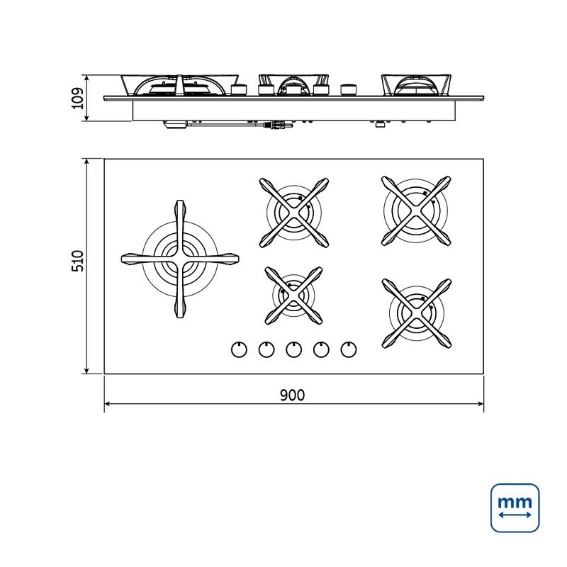 Cooktop a Gás Tramontina Design Collection Penta Glass Flat em Vidro Temperado e Trempes em Ferro Fundido com Acendimento Automático 5 Queimadores