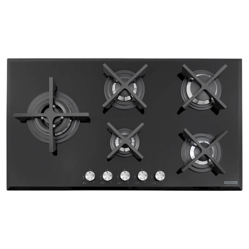Cooktop a Gás Tramontina Design Collection Penta Glass Flat em Vidro Temperado e Trempes em Ferro Fundido com Acendimento Automático 5 Queimadores