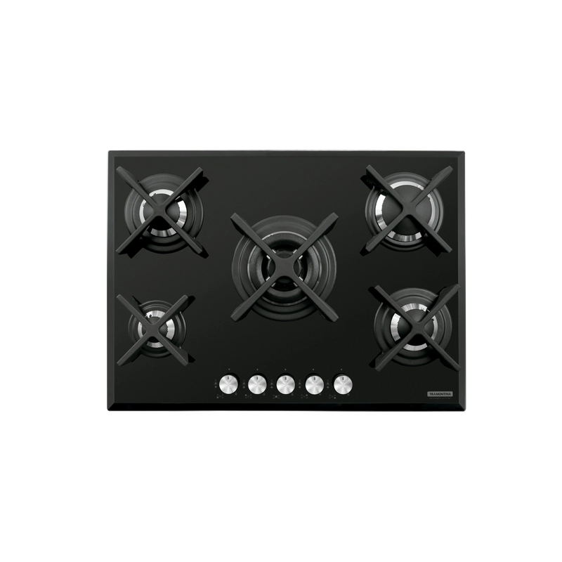 Cooktop a Gás Tramontina Design Collection Penta Glass Flat em Vidro Temperado e Trempes em Ferro Fundido com Acendimento Automático 5 Queimadores