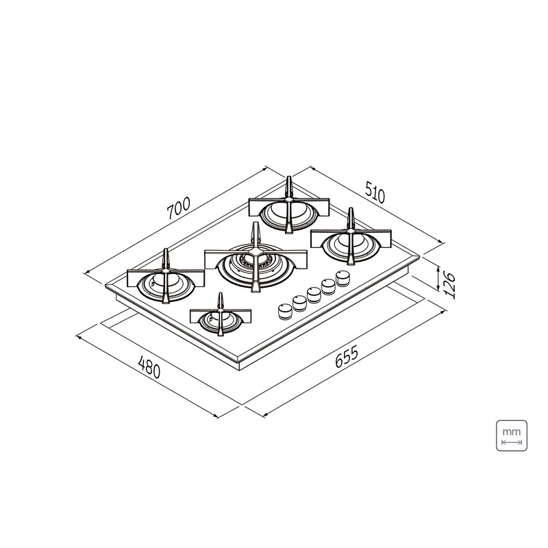 Cooktop a Gás Tramontina Design Collection Penta Glass Flat em Vidro Temperado e Trempes em Ferro Fundido com Acendimento Automático 5 Queimadores