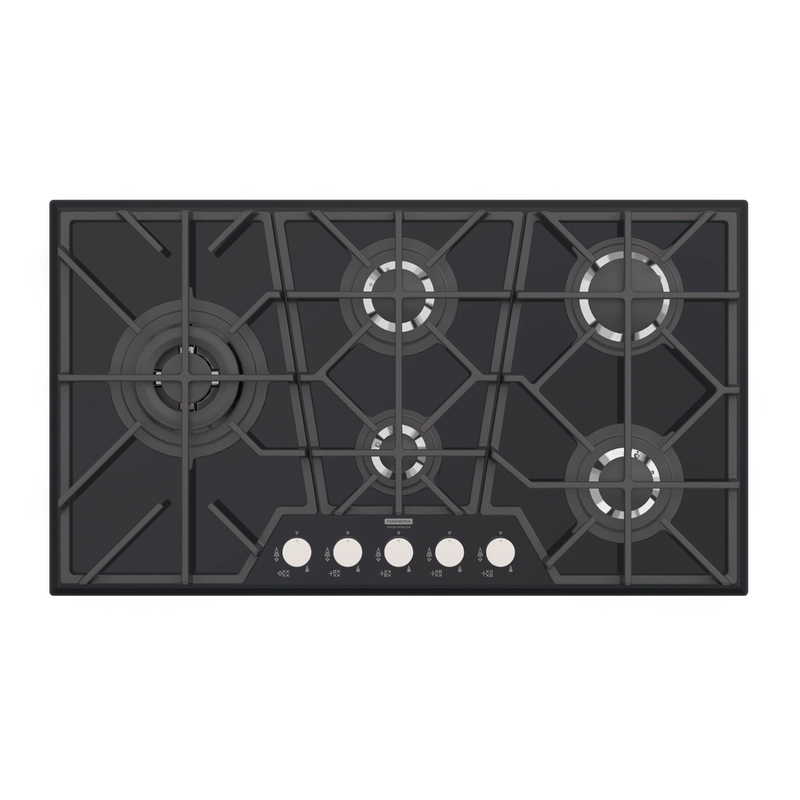 Cooktop a Gás Tramontina Design Collection Penta Glass Full 5 GG B 90 em Vidro Temperado e Trempes em Ferro Fundido