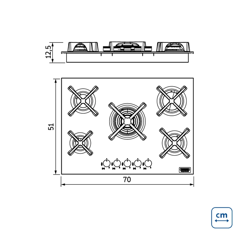 Cooktop a Gás Tramontina Design Collection Penta Inox Flat 5 GX 70 em Aço Inox e Trempes em Ferro Fundido com Acendimento Automático e 5 Queimadores
