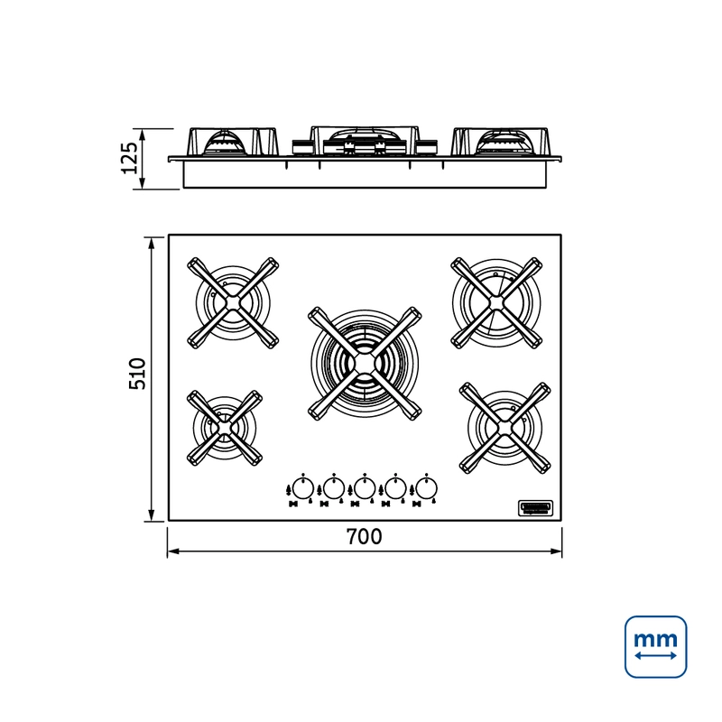 Cooktop a Gás Tramontina Design Collection Penta Inox Flat 5 GX 70 em Aço Inox e Trempes em Ferro Fundido com Acendimento Automático e 5 Queimadores