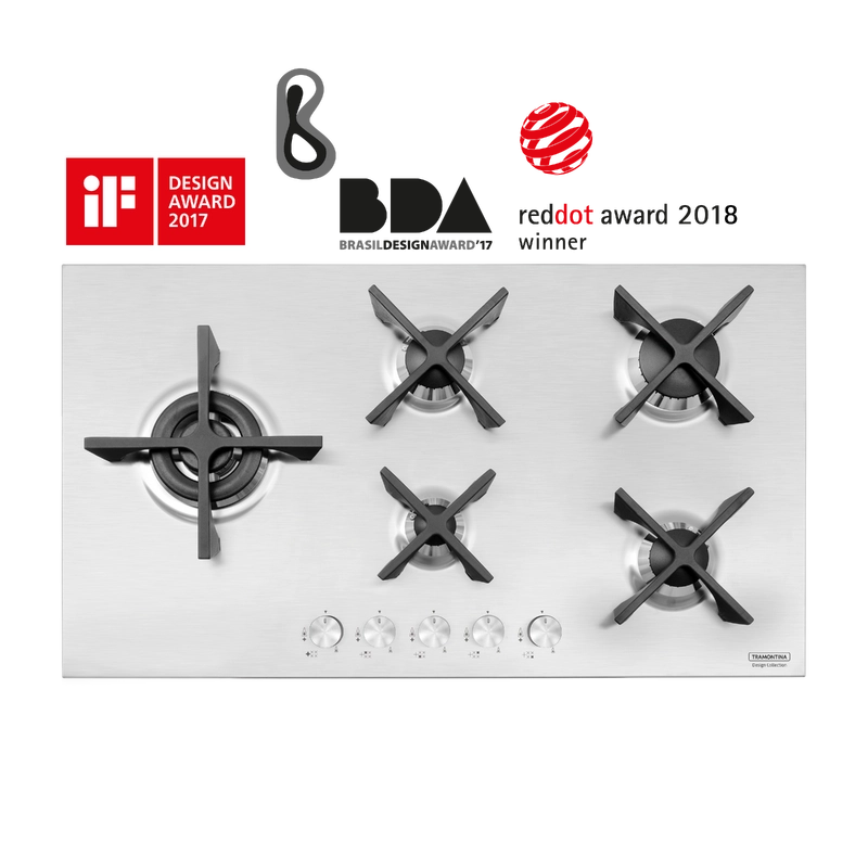 Cooktop a Gás Tramontina Design Collection Penta Inox Flat 5 GX 90 em Aço Inox e Trempes em Ferro Fundido com Acendimento Automático e 5 Queimadores