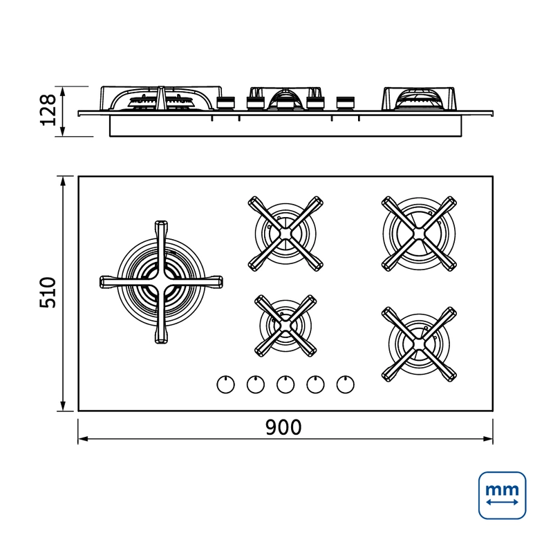 Cooktop a Gás Tramontina Design Collection Penta Inox Flat 5 GX 90 em Aço Inox e Trempes em Ferro Fundido com Acendimento Automático e 5 Queimadores