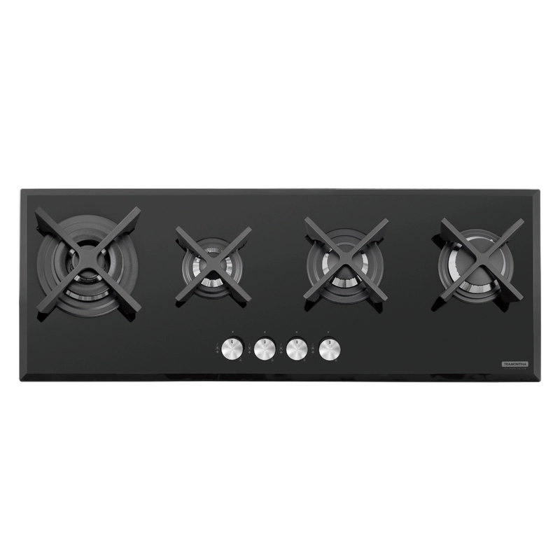 Cooktop a Gás Tramontina Design Collection Slim Glass Flat em Vidro Temperado e Trempes em Ferro Fundido com Acendimento Automático 4 Queimadores