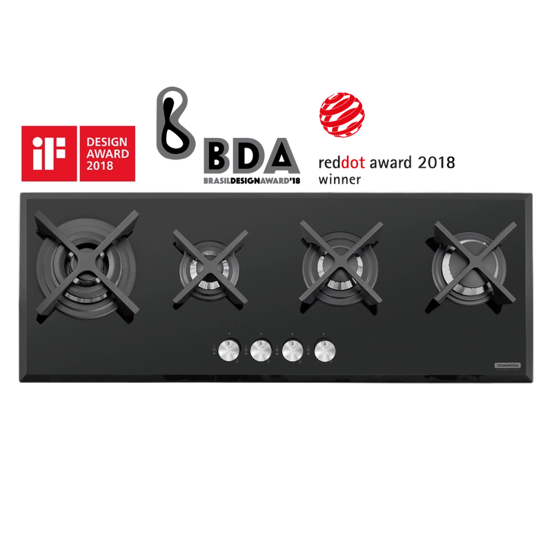 Cooktop a Gás Tramontina Design Collection Slim Glass Flat em Vidro Temperado e Trempes em Ferro Fundido com Acendimento Automático 4 Queimadores