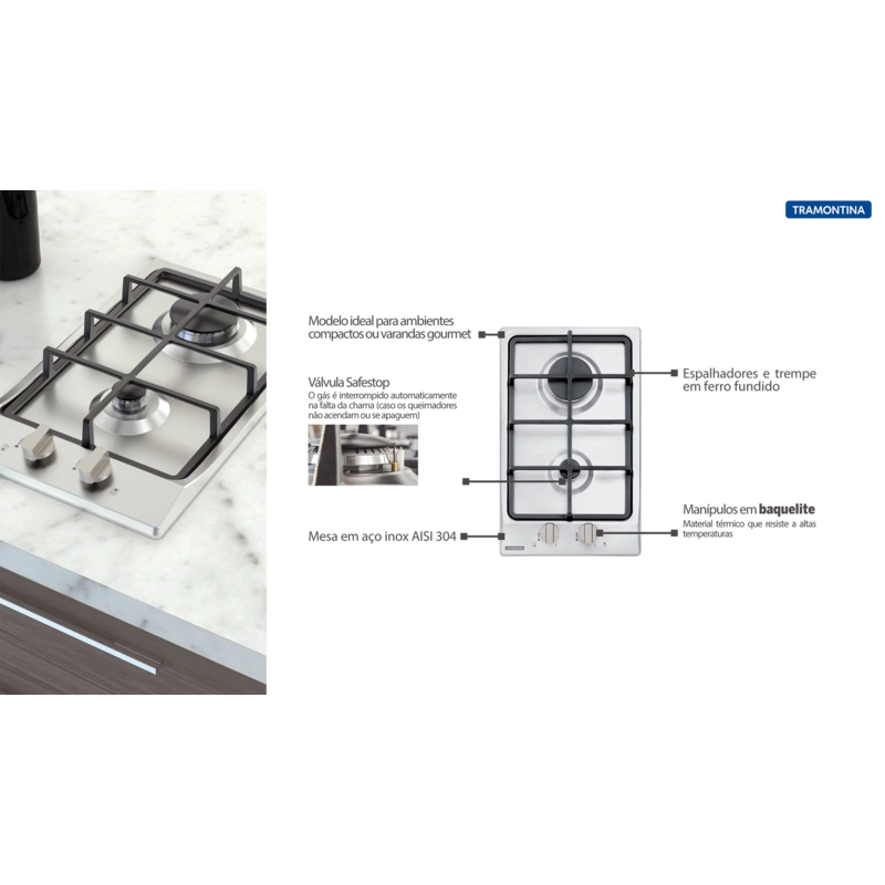 Cooktop a Gás Tramontina Dominó em Aço Inox e Trempes em Ferro Fundido com Acendimento Superautomático 2 Queimadores