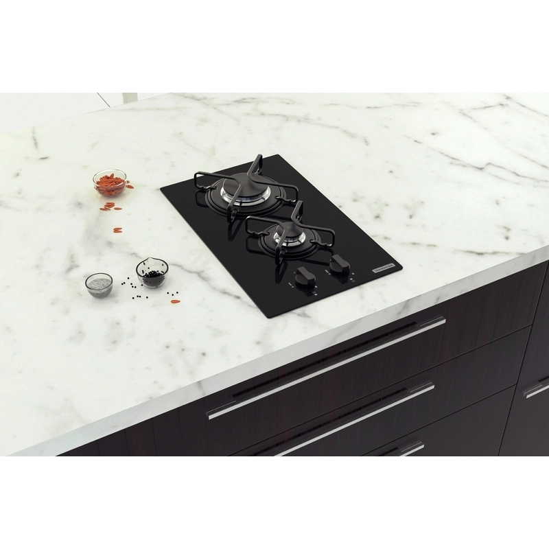 Cooktop a Gás Tramontina Dominó em Vidro Temperado Preto com Trempes em Aço Carbono e Acendimento superautomático 2 Queimadores