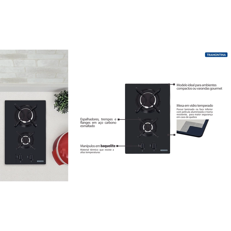 Cooktop a Gás Tramontina Dominó em Vidro Temperado Preto com Trempes em Aço Carbono e Acendimento superautomático 2 Queimadores