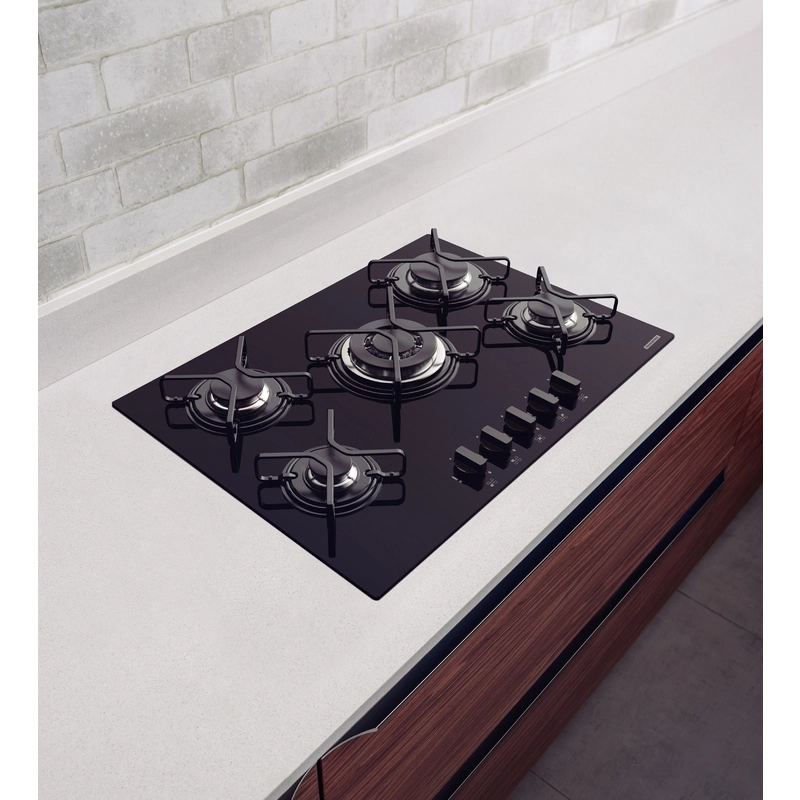 Cooktop a Gás Tramontina Penta em Vidro Temperado Preto com Trempes em Aço Carbono e Acendimento superautomático 5 Queimadores