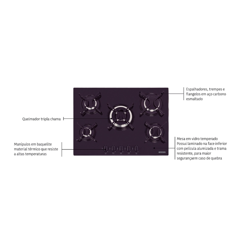 Cooktop a Gás Tramontina Penta em Vidro Temperado Preto com Trempes em Aço Carbono e Acendimento superautomático 5 Queimadores