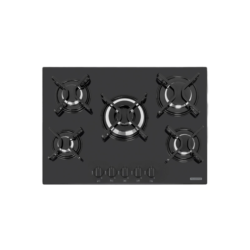 Cooktop a Gás Tramontina Penta em Vidro Temperado Preto com Trempes em Aço Carbono e Acendimento superautomático 5 Queimadores