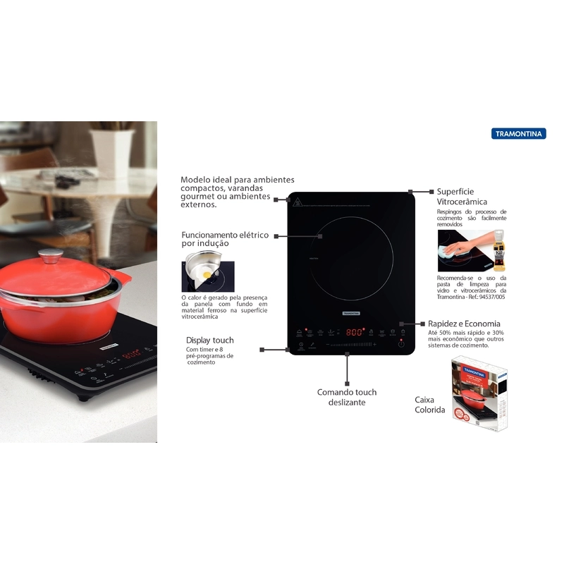 Cooktop Portátil por Indução Tramontina Slim Touch EI 30 com 1 Área de Aquecimento e Comando Touch 220V