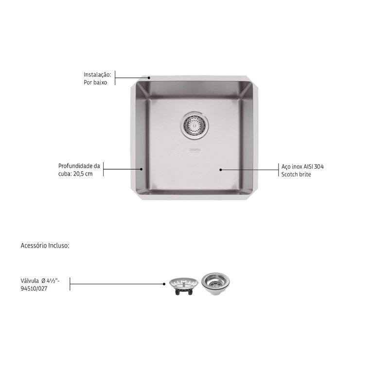 Cuba de embutir Tramontina Design Collection Quadrum 40 U em Aço Inox com Acabamento Acetinado 40x40 cm
