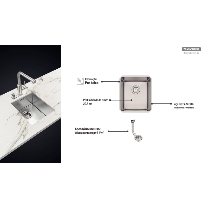 Cuba de embutir Tramontina Design Collection Quadrum Undermount em Aço Inox com Acabamento Acetinado 34 U 38x44 cm
