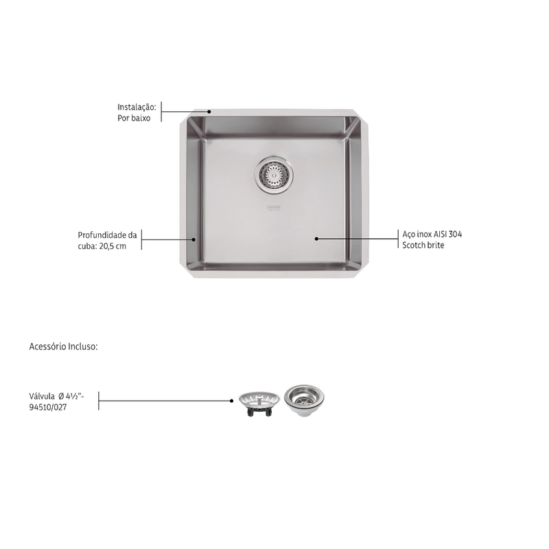 Cuba de embutir Tramontina Design Collection Quadrum Undermount em Aço Inox com Acabamento Acetinado 45 U 45x40 cm
