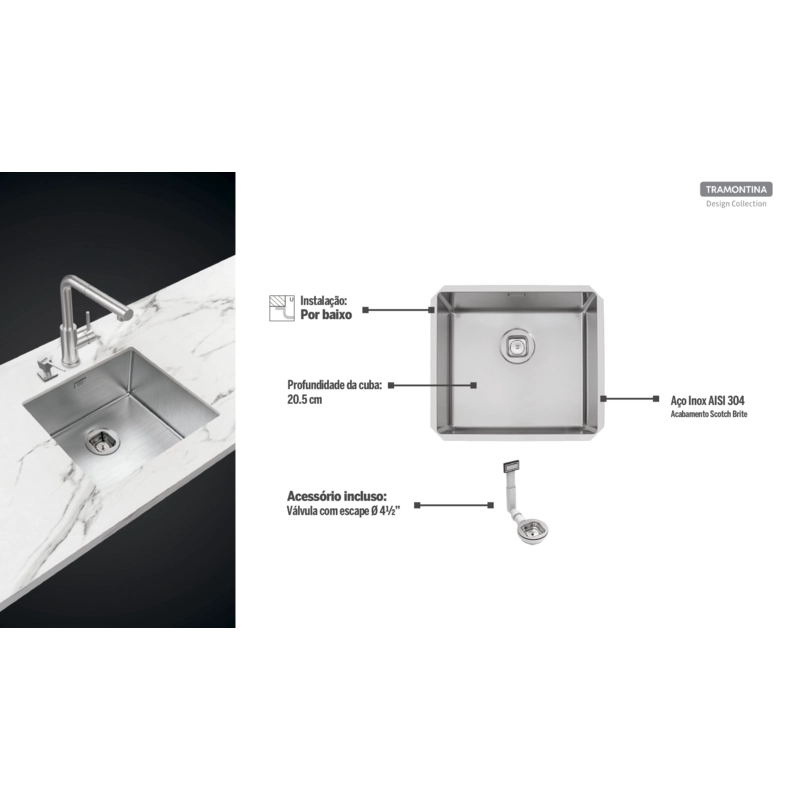 Cuba de embutir Tramontina Design Collection Quadrum Undermount em Aço Inox com Acabamento Acetinado 45 U 49x44cm