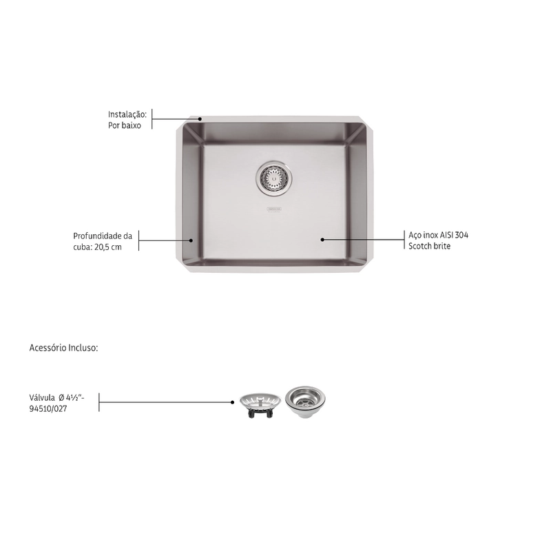 Cuba de embutir Tramontina Design Collection Quadrum Undermount em Aço Inox com Acabamento Acetinado 50 U 50X40 cm