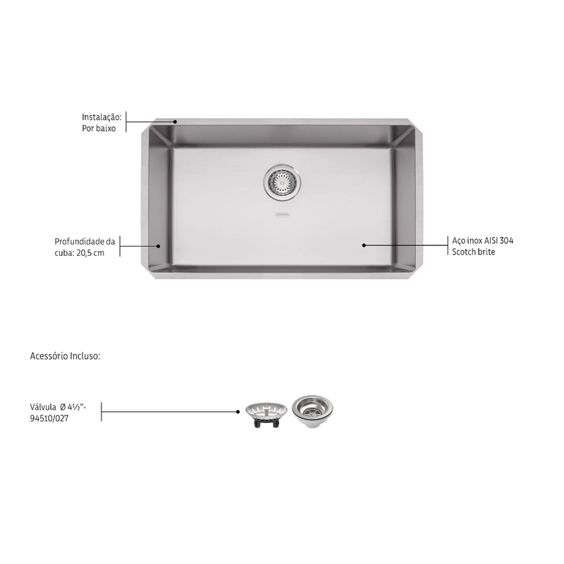 Cuba de embutir Tramontina Design Collection Quadrum Undermount em Aço Inox com Acabamento Acetinado 70 U 70x40 cm