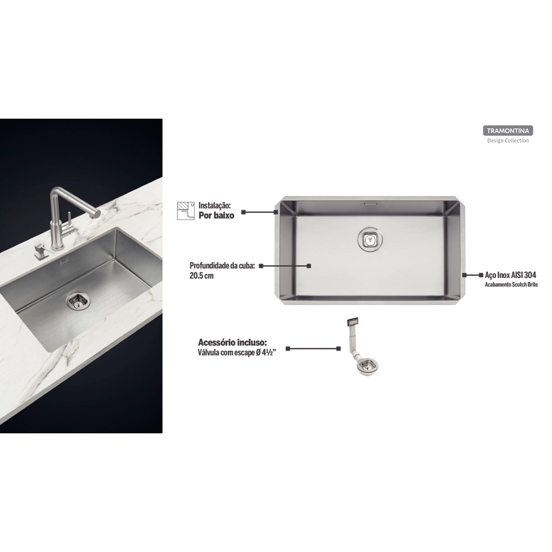 Cuba de embutir Tramontina Design Collection Quadrum Undermount em Aço Inox com Acabamento Acetinado 70 U 74x44 cm