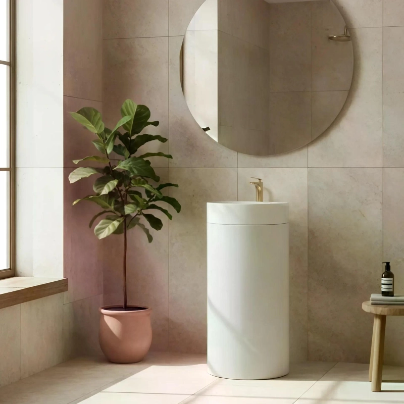 Cuba de Piso Redonda com Mesa GeoStone - Dark Concrete