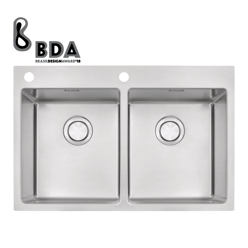 Cuba de Sobrepor Tramontina Design Collection Quadrum Flush em Aço Inox com Acabamento Acetinado 77x51 cm com 2 Cubas