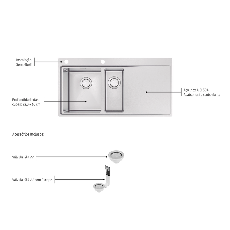 Cuba de Sobrepor Tramontina Design Collection Smooth 1.5C 34 EX em Aço Inox com Acabamento Acetinado 100x52 cm com 2 Cubas