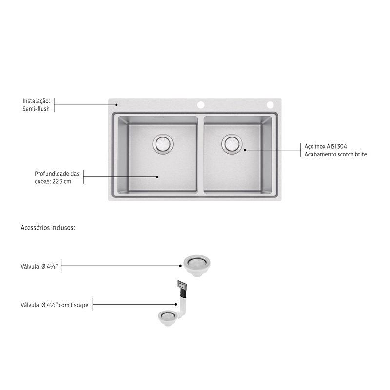 Cuba de Sobrepor Tramontina Design Collection Smooth 2C 40 em Aço Inox com Acabamento Acetinado 86x52 cm com 2 Cubas