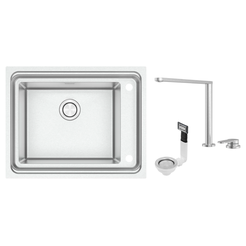 Cuba de Sobrepor Tramontina Design Collection Workstation Quadrum Deep 50 em Aço Inox com Válvula Ø 4 1/2" com escape e Monocomando Hidden