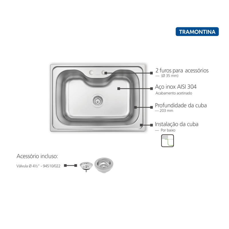 Cuba Tramontina Morgana 60 FX Undermount em Aço Inox com Acabamento Escovado com Válvula 69x49 cm