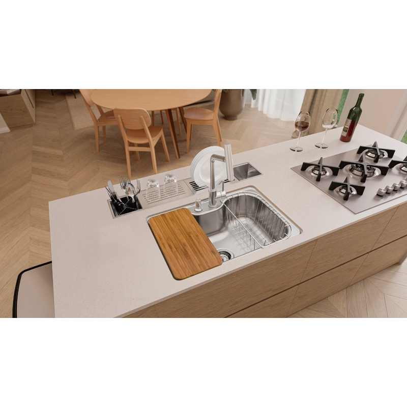 Cuba Tramontina Morgana 60 FX Undermount em Aço Inox com Lixeira de Embutir 5 L, Tábua de Madeira, Dosador de Sabão, Cesto Aramado e Válvula
