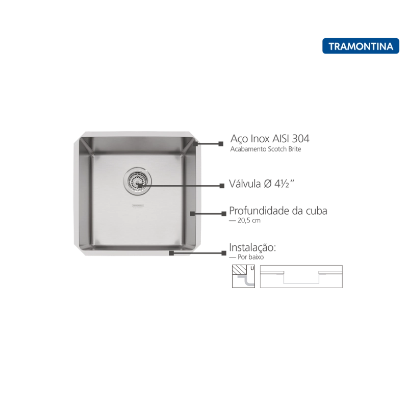 Cuba de embutir Tramontina Design Collection Quadrum 40 U em Aço Inox com Acabamento Acetinado 40x40 cm