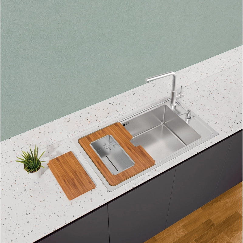 Kit para Cubas Quadrum Tramontina Design Collection com Tábua em Madeira 42x32 cm com Tábua Auxiliar e Cesto Coador em Aço Inox