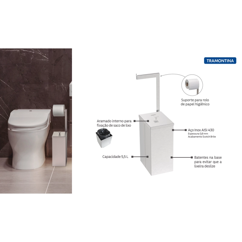 Lixeira Tramontina Luz Slim em Aço Inox 5,5 L com Suporte para Papel Higiênico