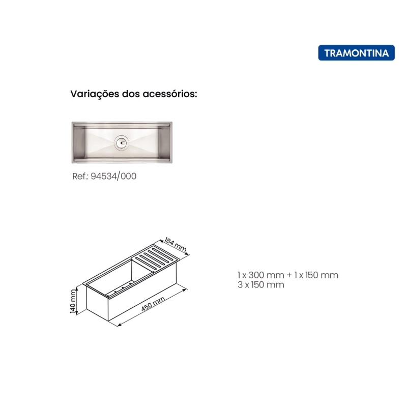 Canal Organizador em Aço Inox Tramontina para Sobrepor com Acabamento Acetinado 45x18 cm