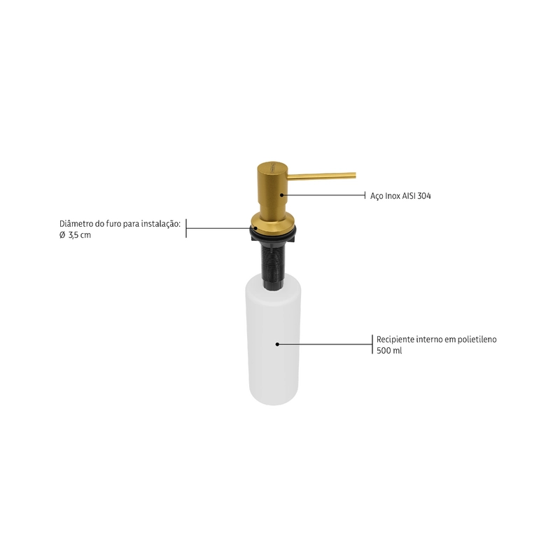 Dosador de Sabão Tramontina em Aço inox Gold com Recipiente Plástico 500 ml com revestimento PVD