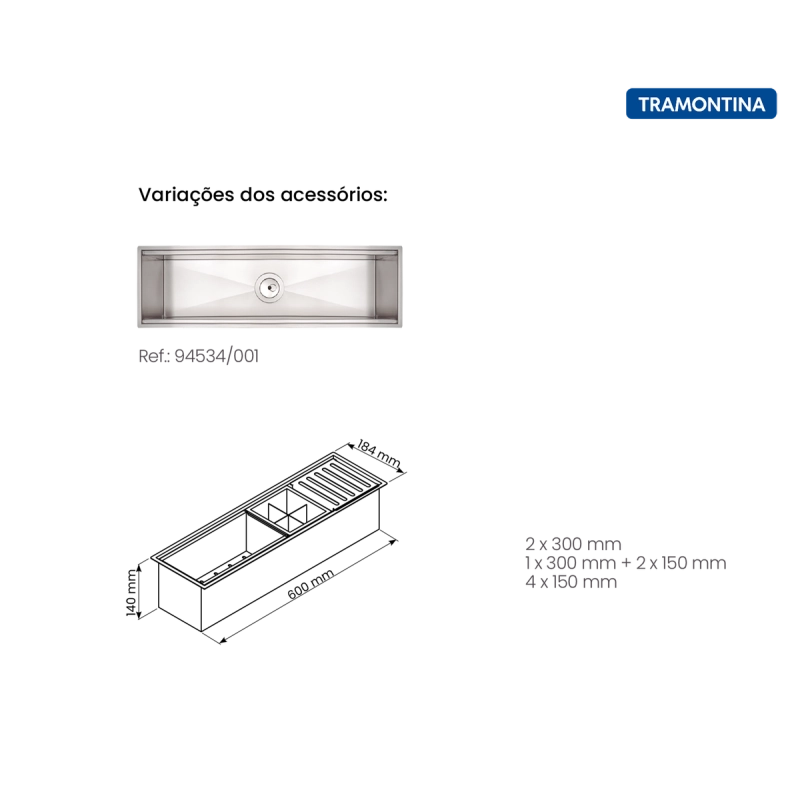 Canal Organizador em Aço Inox Tramontina para Sobrepor com Acabamento Acetinado 60x18 cm