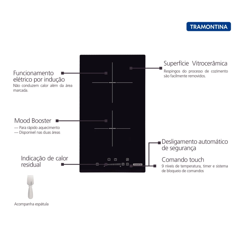 Cooktop por Indução Tramontina Dominó Slider 2EI 30 com 2 Áreas de Aquecimento e Comando Touch
