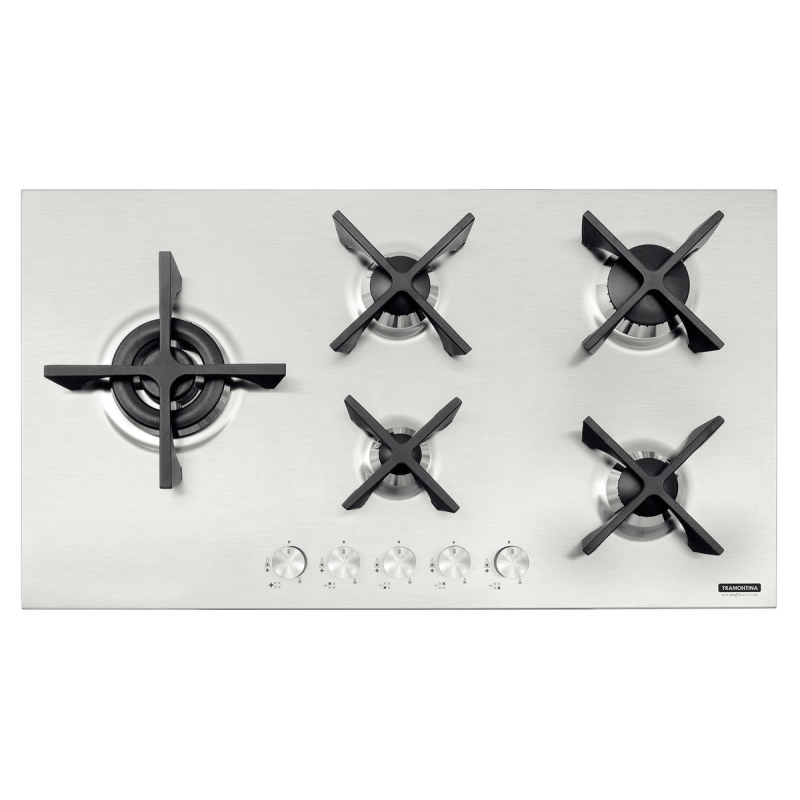 Cooktop a Gás Tramontina Design Collection Penta Inox Flat 5 GX 90 em Aço Inox e Trempes em Ferro Fundido com Acendimento Automático e 5 Queimadores