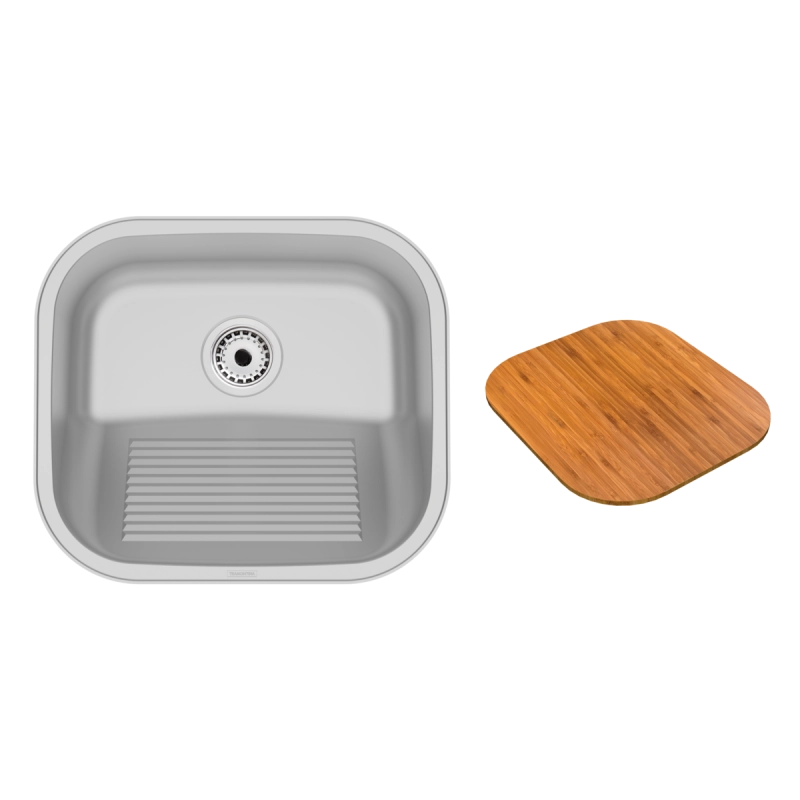 Tanque de Encaixe Tramontina Hera Compact 19 em Aço Inox Escovado 40x35 cm com Tábua de Madeira