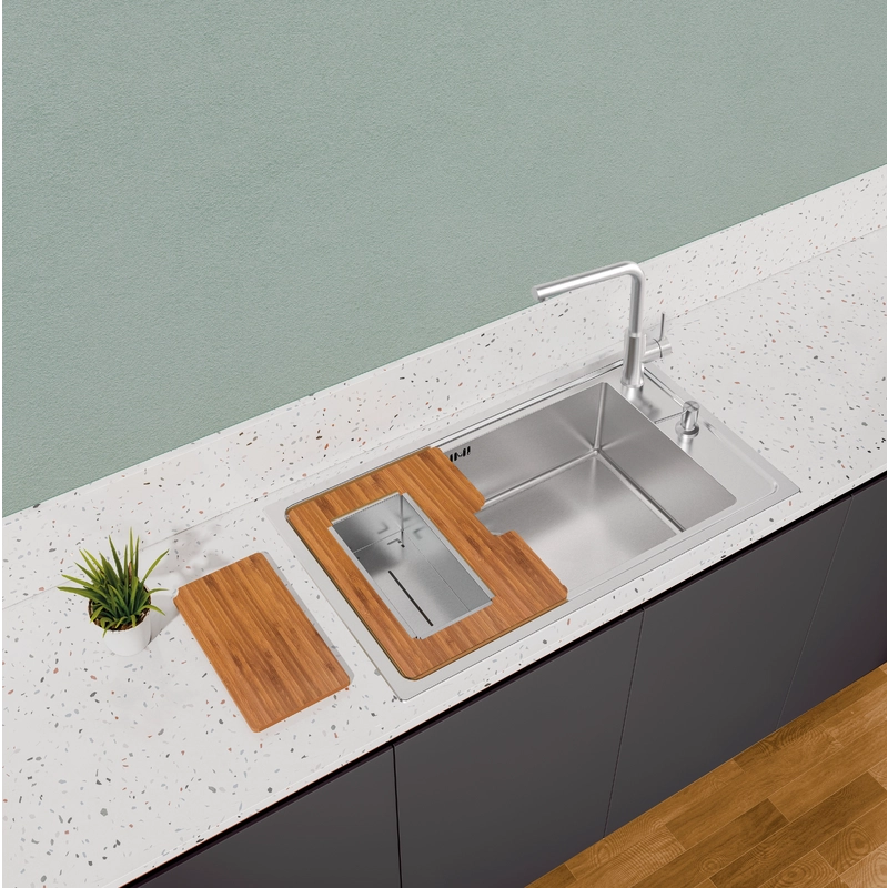 Kit para Cubas Quadrum Tramontina Design Collection com Tábua em Madeira 42x32 cm com Tábua Auxiliar e Cesto Coador em Aço Inox