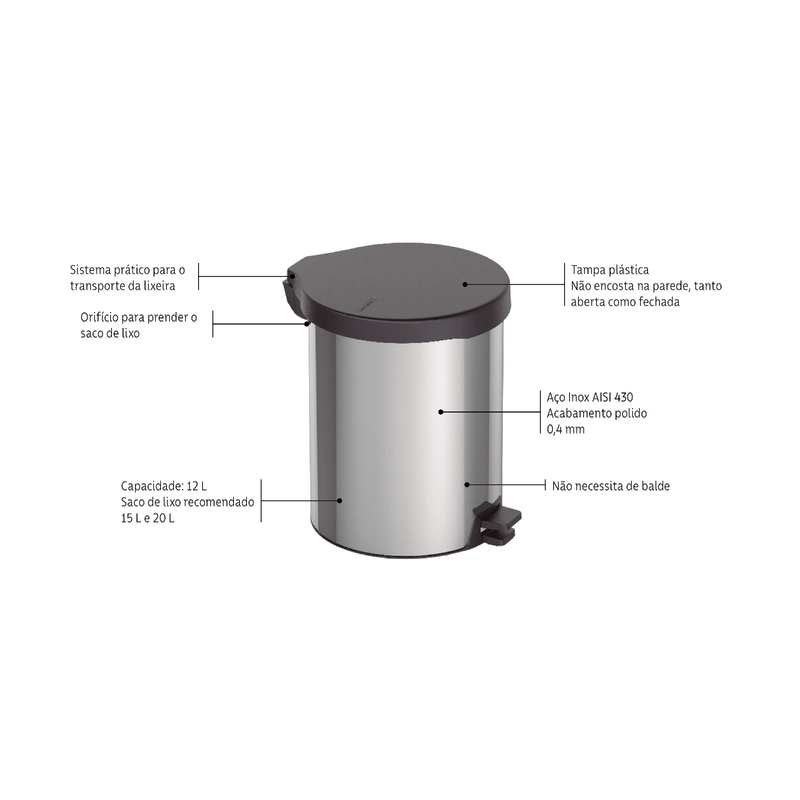 Lixeira com Pedal Tramontina New em Aço Inox com Acabamento Polido 12 L