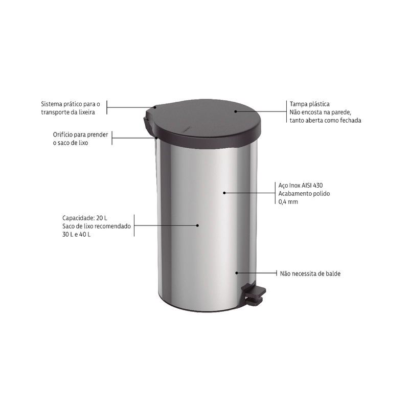 Lixeira com Pedal Tramontina New em Aço Inox com Acabamento Polido 20 L